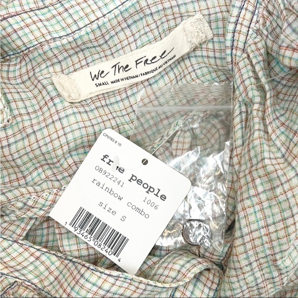 NWT FREE PEOPLE Rainbow Plaid Oversized Button Up Pleated Cropped Prairie Top S - Picture 9 of 13